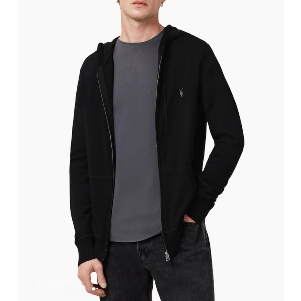 AllSaints Mode Merino Zip Hoody Mens M Black Full Zip Ramskull Streetwear Luxury